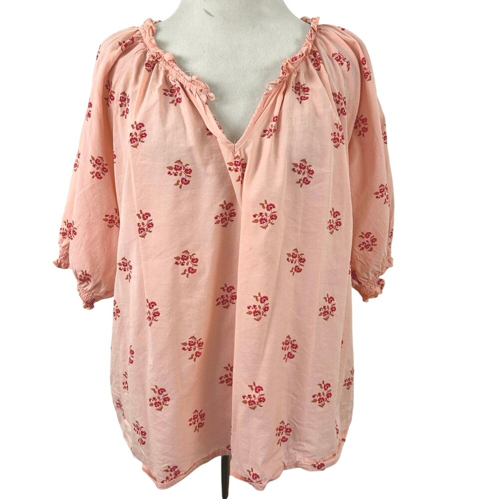 Old Navy Floral Peasant Blouse Large Pink Cotton Boho Cottagecore Puff Sleeve